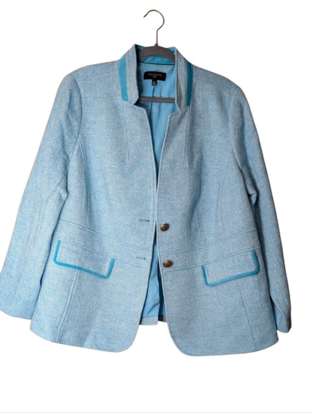 Talbots Light Blue Herringbone Tweed Blazer Jacket with Velvet Trim size 16W